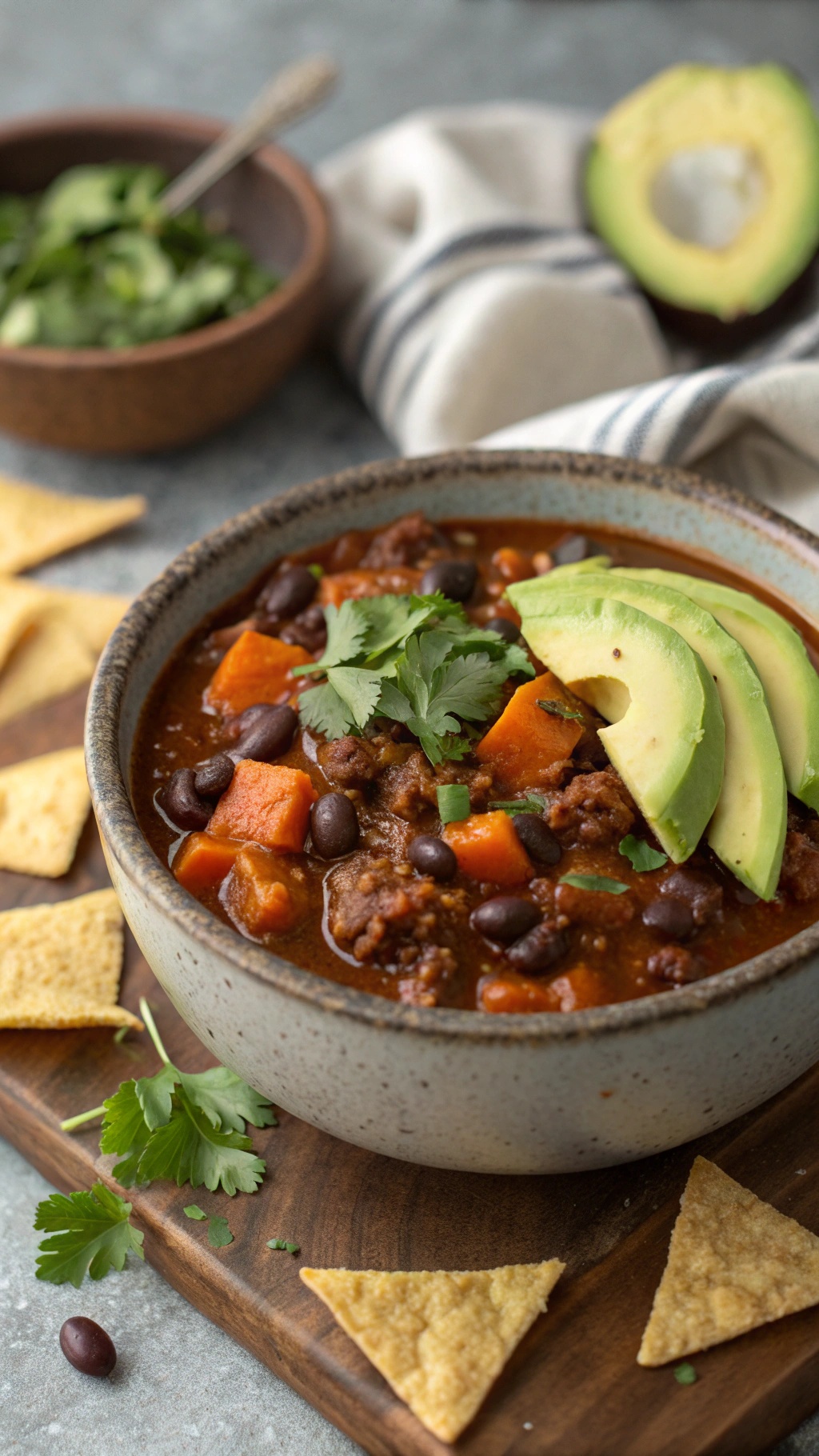 A bowl of black bean and sweet potato chili topped with avocado slices and cilantro, surrounded by tortilla chips.
