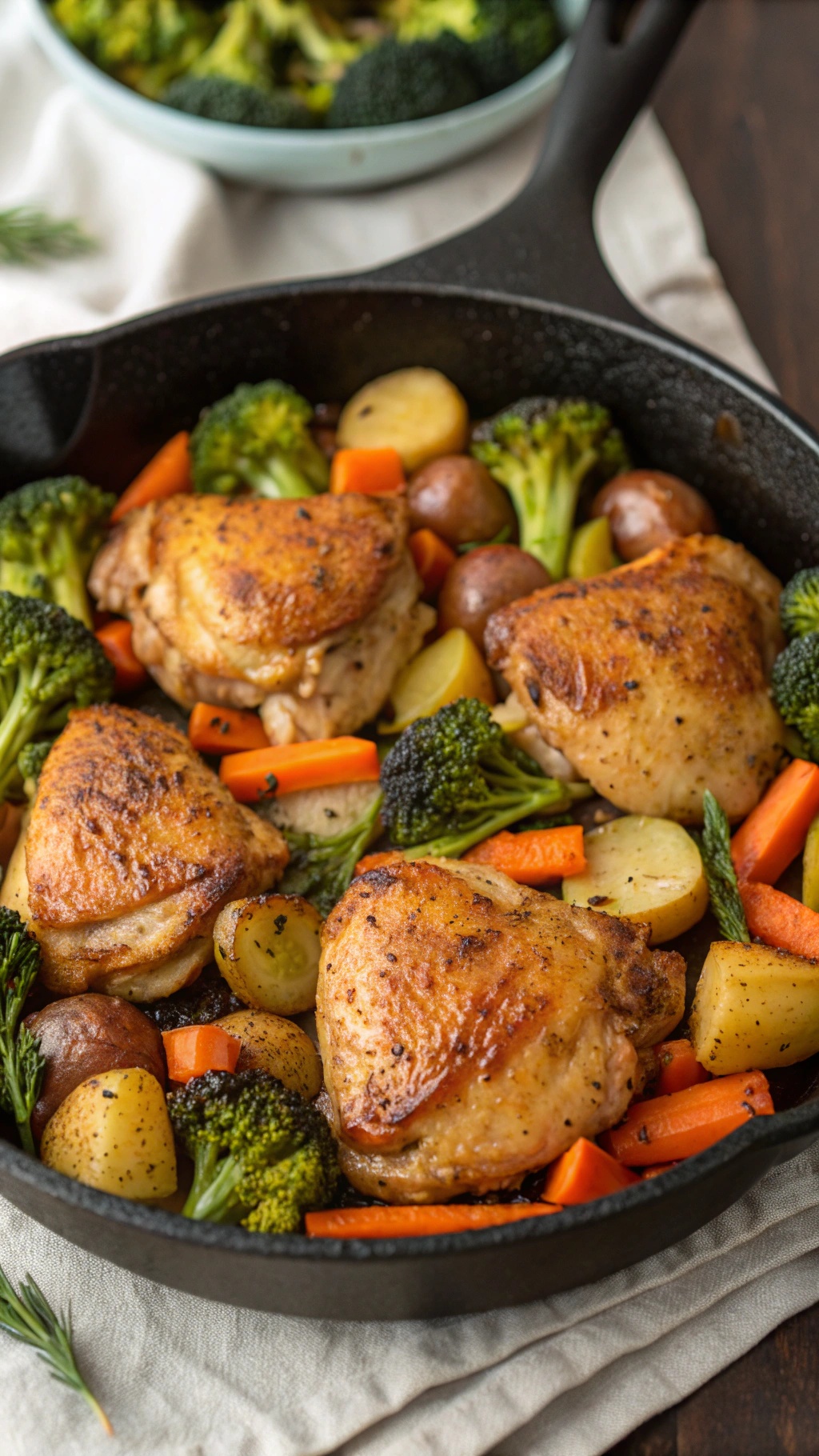 One-pan chicken and veggies with broccoli, carrots, and potatoes in a cast-iron skillet.