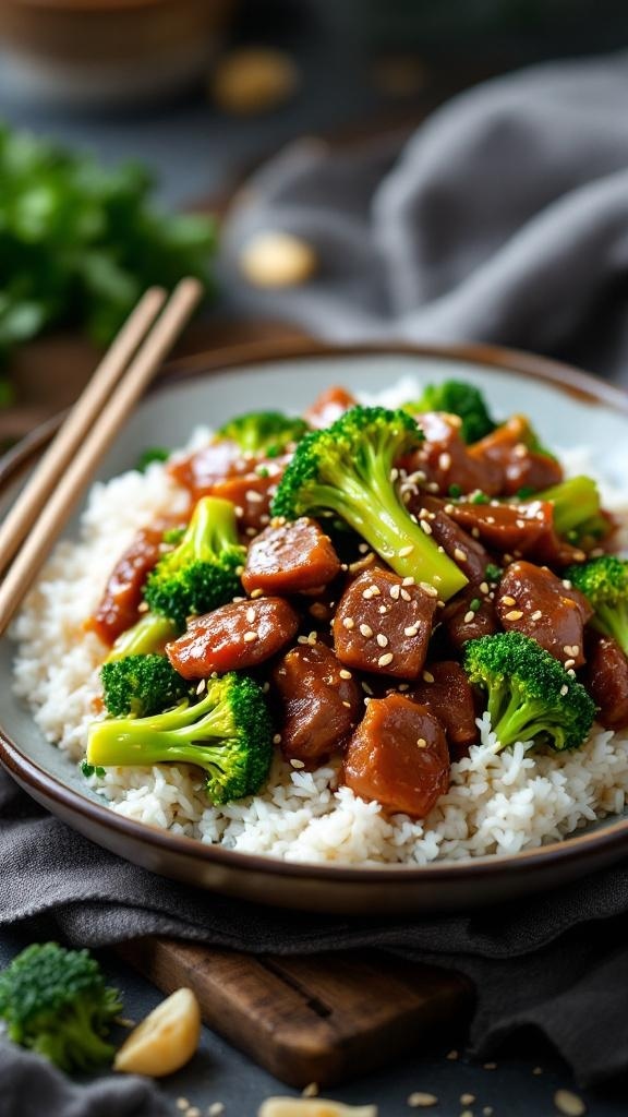 A bowl of beef and broccoli served over rice, garnished with sesame seeds.