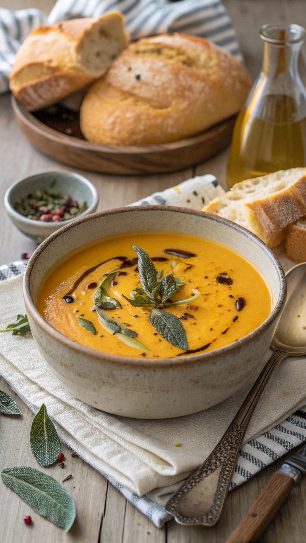 A bowl of butternut squash soup garnished with sage leaves and a side of crusty bread.