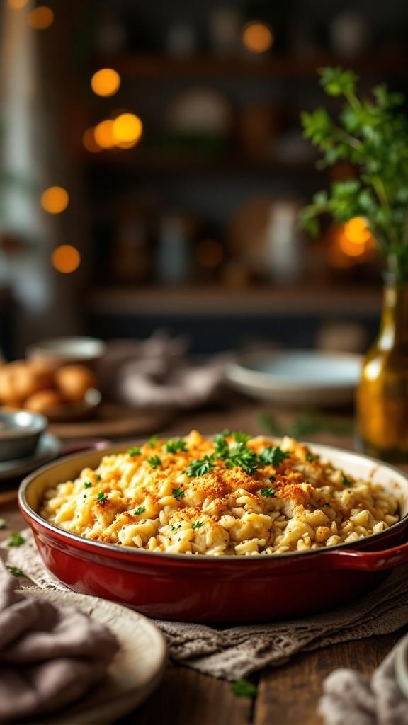 A delicious Chicken and Rice Casserole topped with parsley, served in a rustic setting.