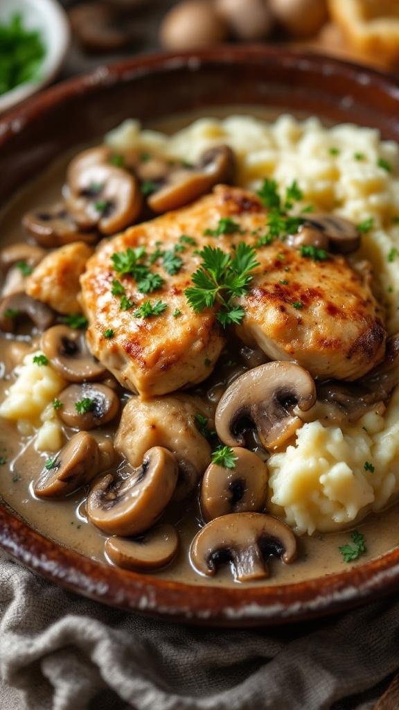 A plate of chicken thighs in creamy mushroom sauce served over mashed potatoes.