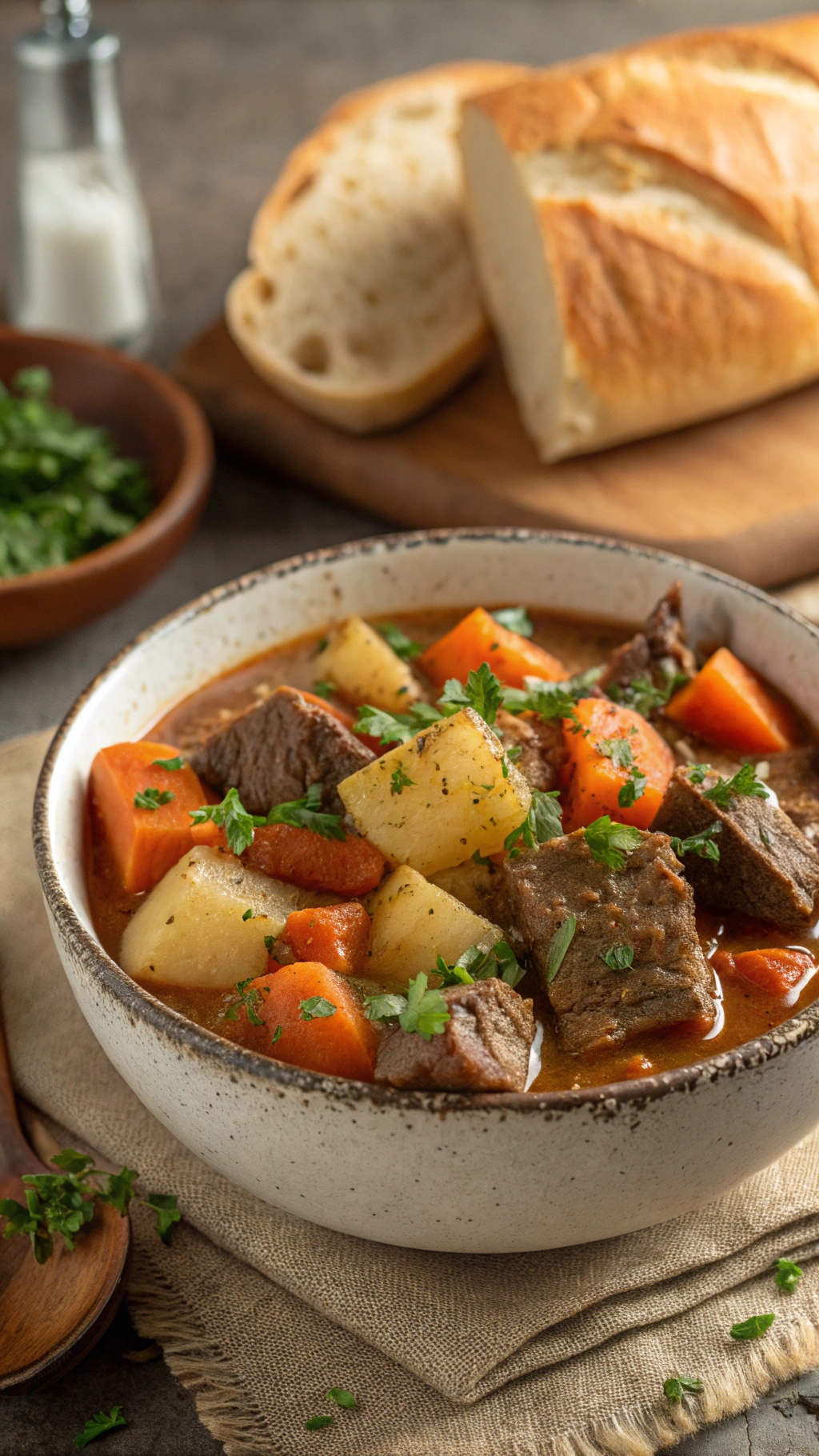 A hearty bowl of beef stew with carrots and potatoes, garnished with parsley, alongside a loaf of bread.