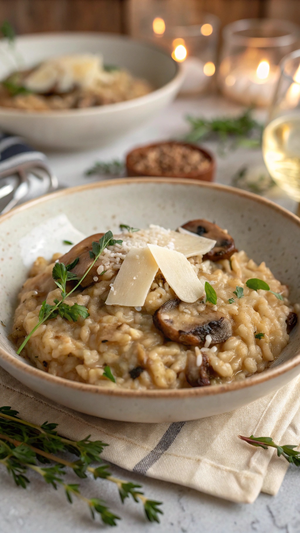 A bowl of creamy mushroom risotto garnished with herbs and cheese, set on a cozy table with candles in the background.