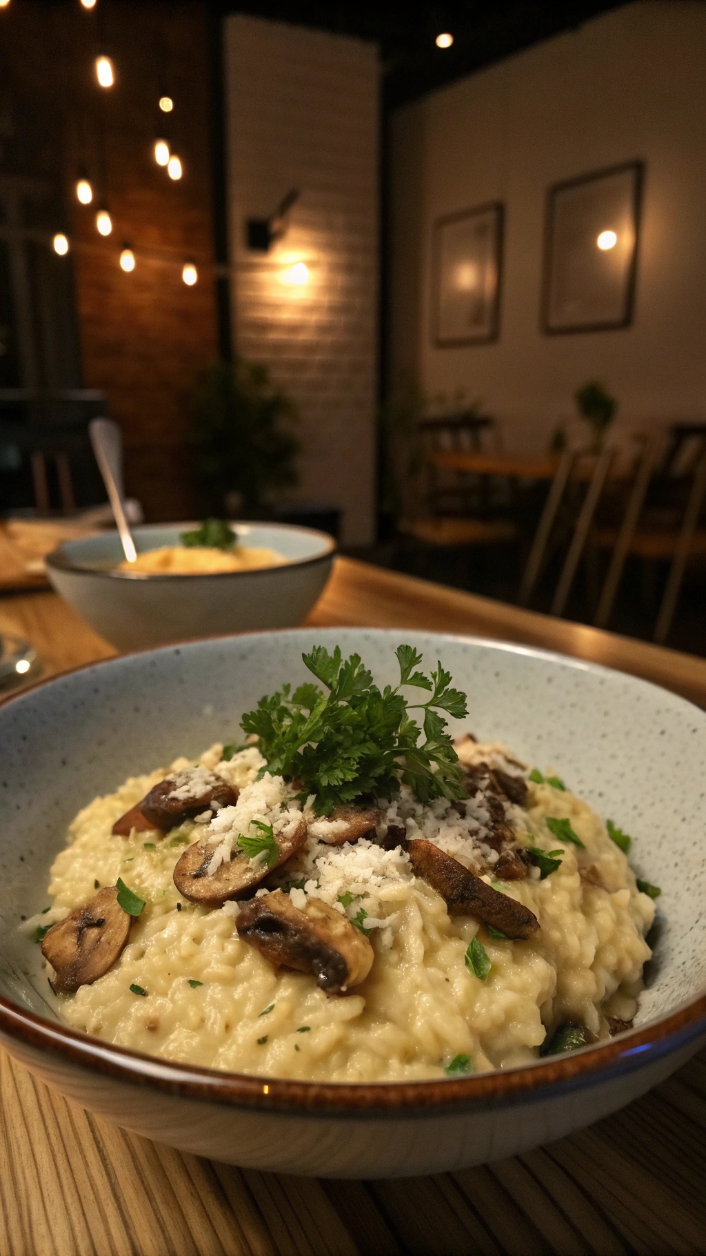 A bowl of creamy mushroom risotto topped with parsley and mushrooms, set in a cozy dining atmosphere.