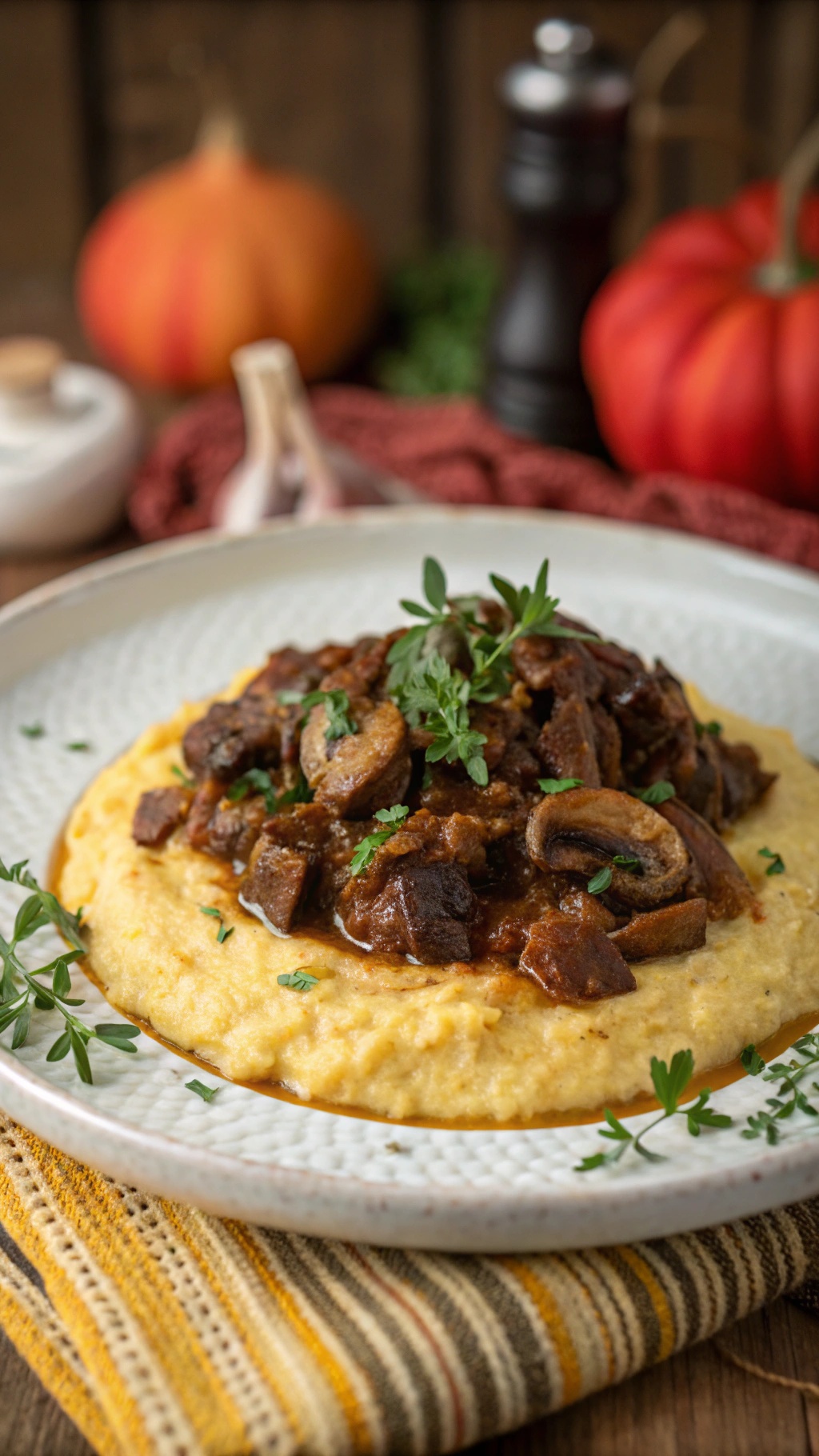 A bowl of creamy polenta topped with mushroom ragu, garnished with fresh herbs, with pumpkins in the background.