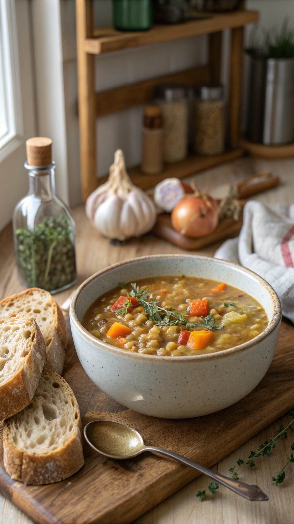 A bowl of lentil soup with garlic and thyme, served with slices of bread on a wooden board.