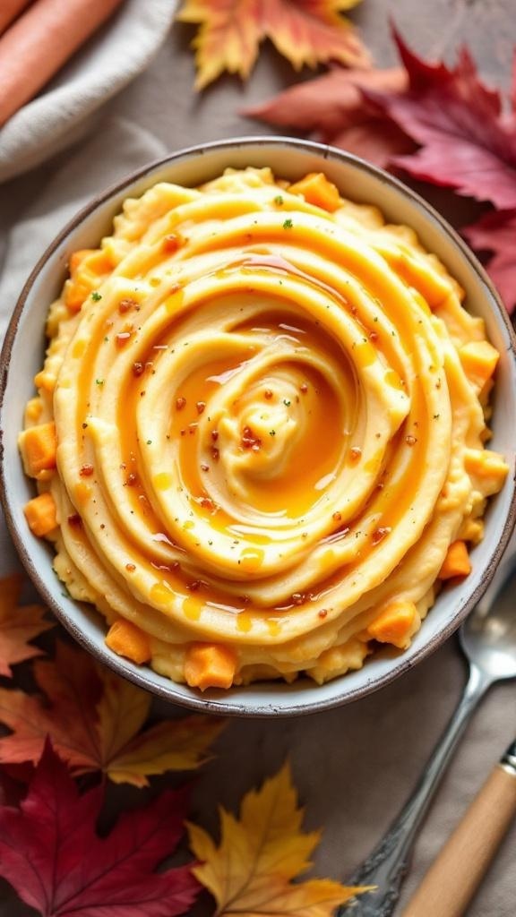 A bowl of creamy maple-glazed root vegetable mash, topped with a shiny glaze and surrounded by autumn leaves.