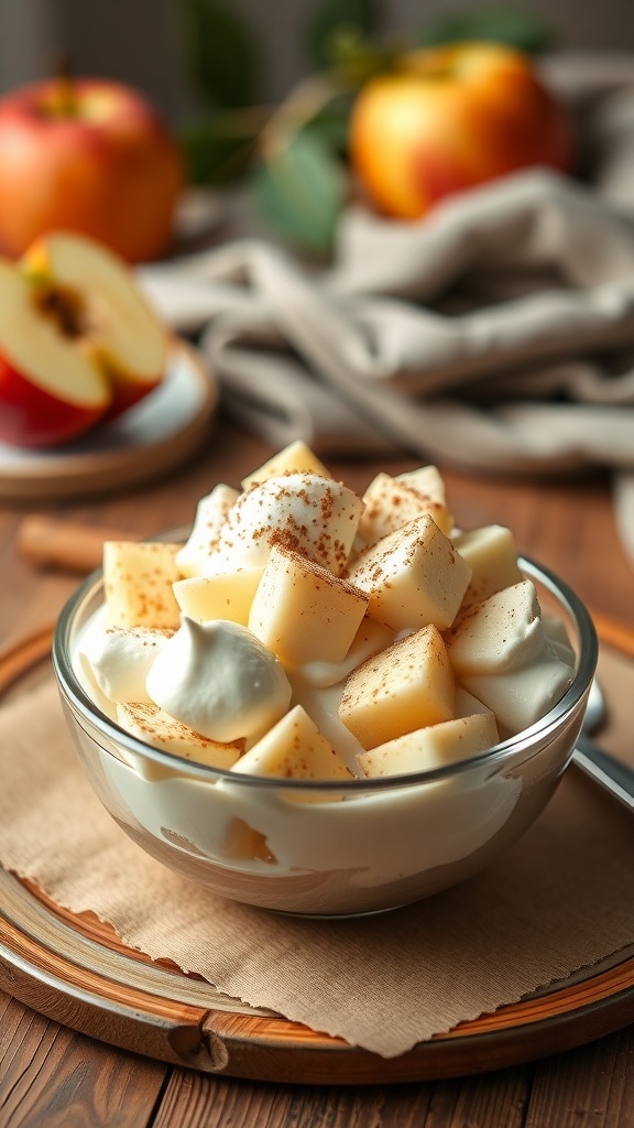 A bowl of no-bake apple cream cheese dessert with diced apples and whipped cream, sprinkled with cinnamon, with whole apples in the background.
