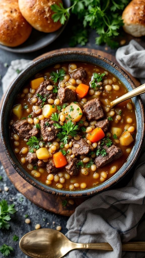 A bowl of beef and barley soup with vegetables, garnished with parsley, alongside bread rolls.