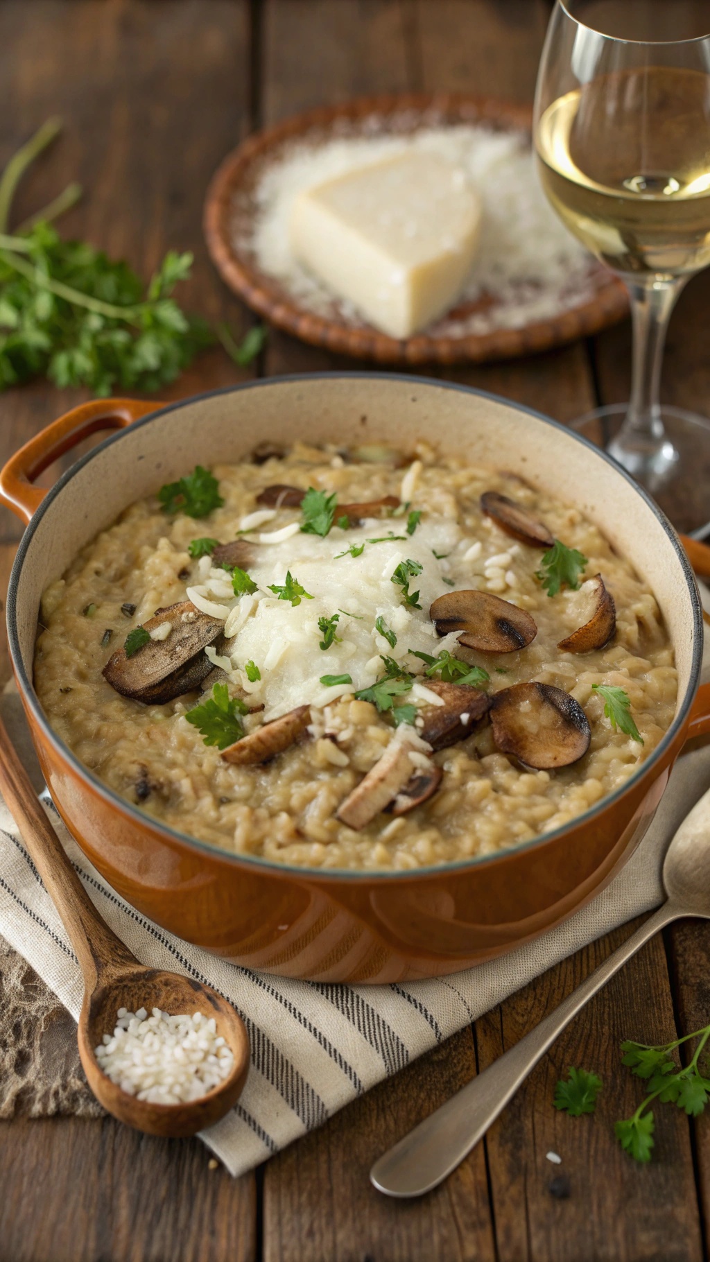 A pot of mushroom risotto topped with herbs and cheese, with a glass of white wine and cheese on the side.