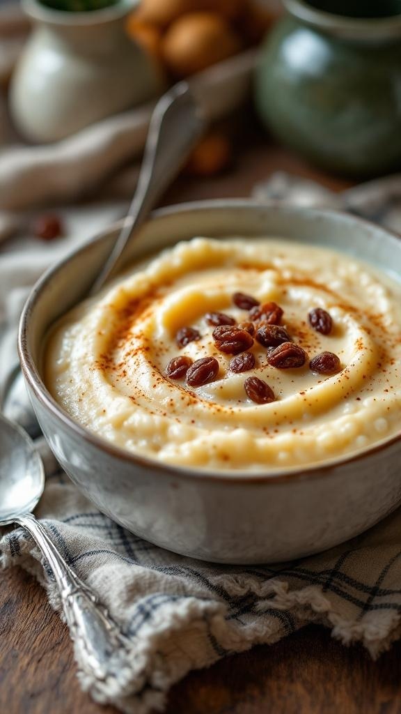 A bowl of creamy rice pudding topped with cinnamon and raisins, surrounded by rustic kitchen elements.