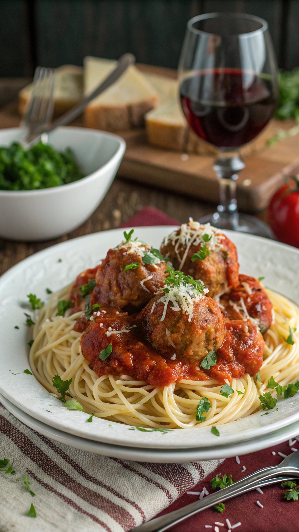 A plate of turkey meatballs in tomato sauce served over spaghetti, garnished with parsley and cheese.