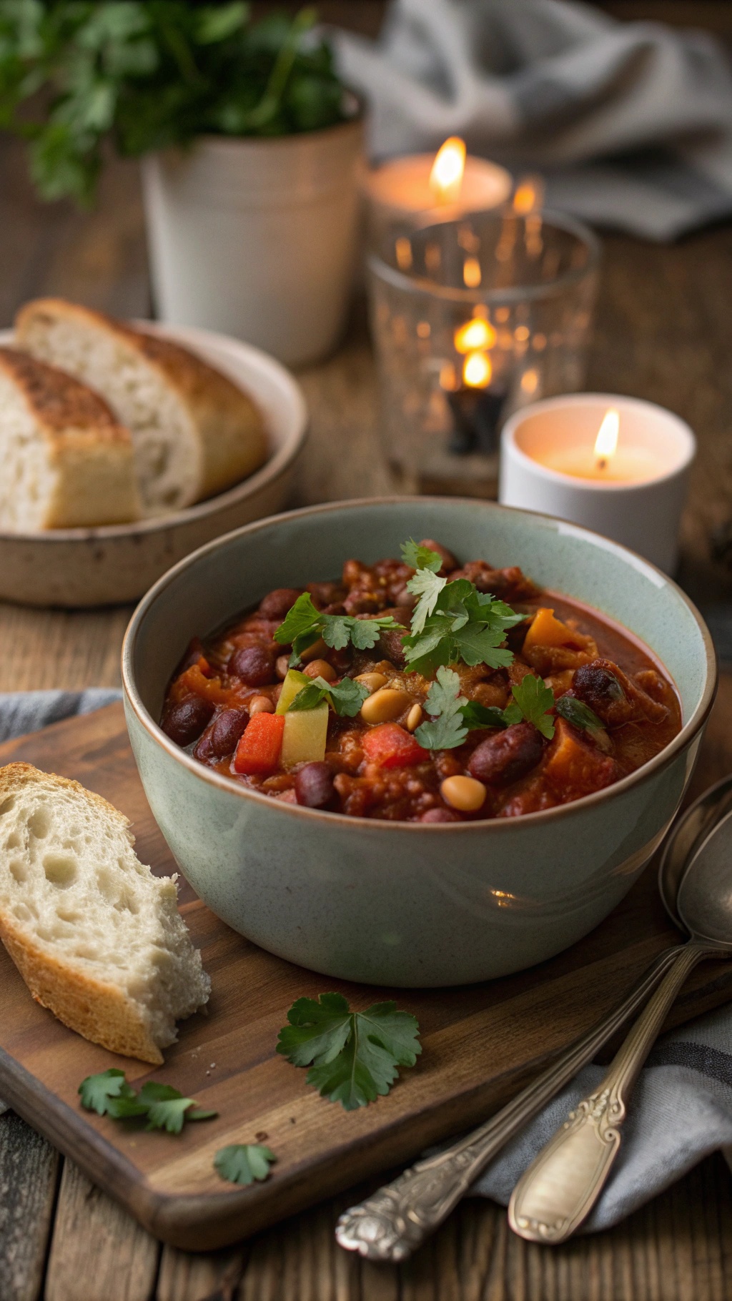 A bowl of vegetable and bean chili topped with cilantro, accompanied by a slice of bread.