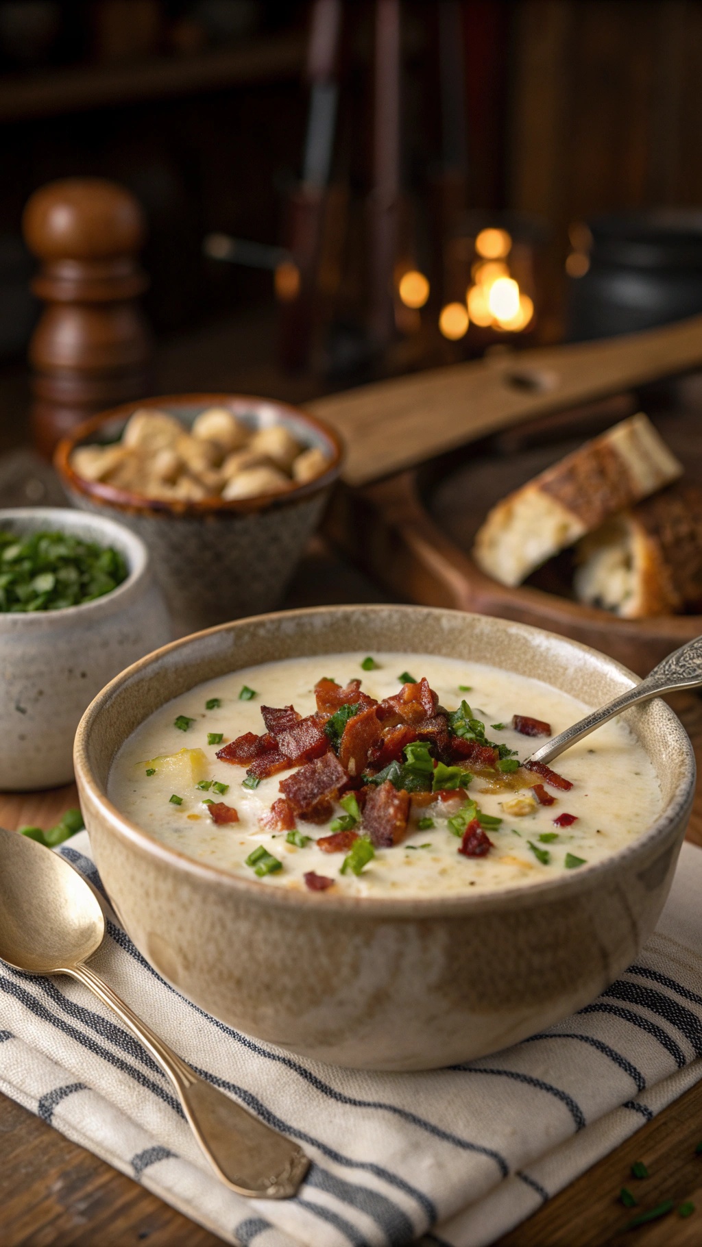 A bowl of creamy cauliflower chowder topped with bacon and green onions, served with snacks on the side.