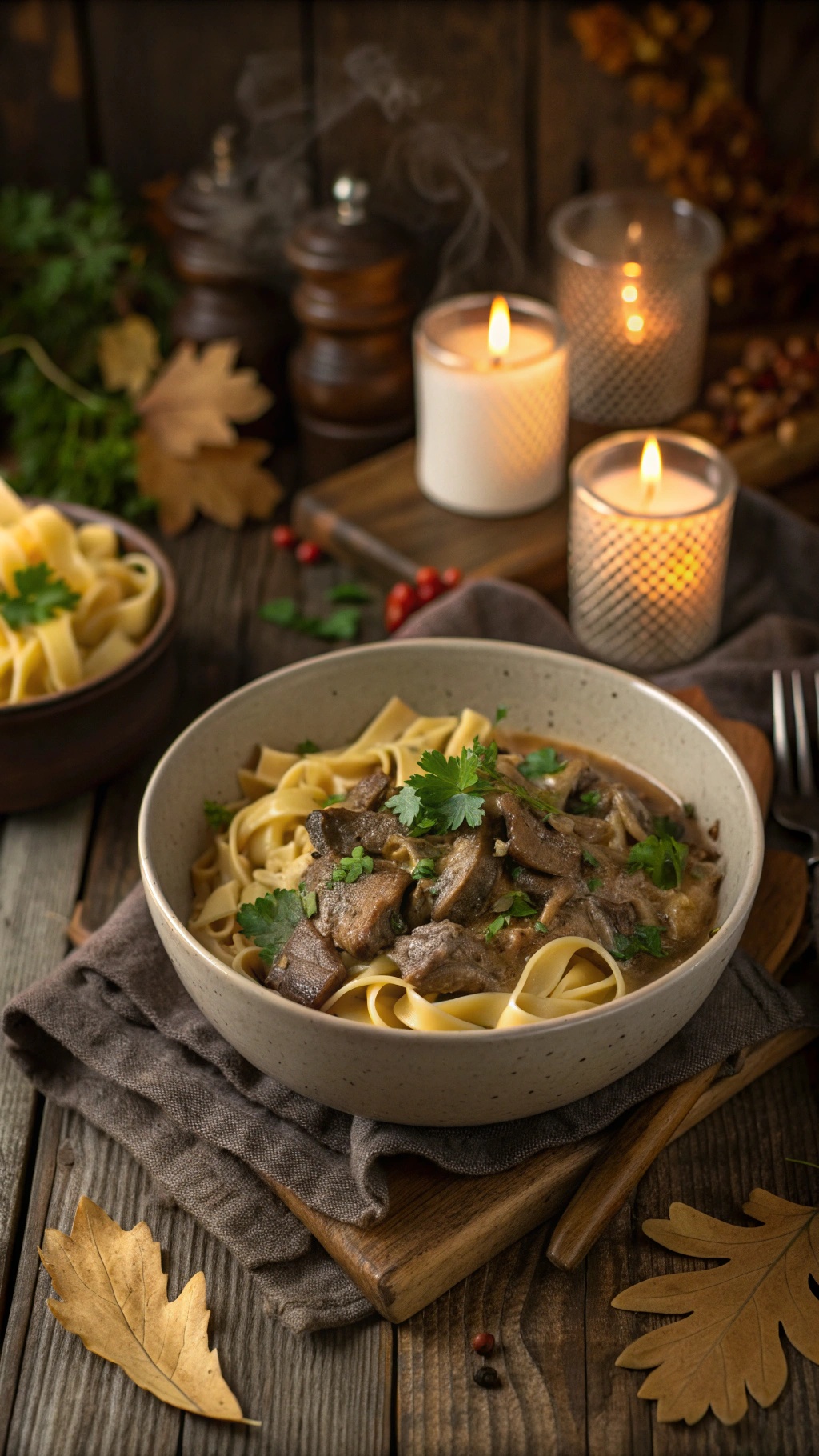 A bowl of beef and mushroom stroganoff served over fettuccine, with candles and autumn leaves in the background.