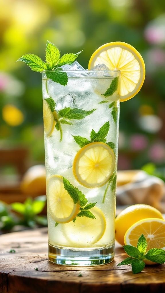 A refreshing glass of mint lemonade with lemon slices and mint leaves, set on a wooden table.