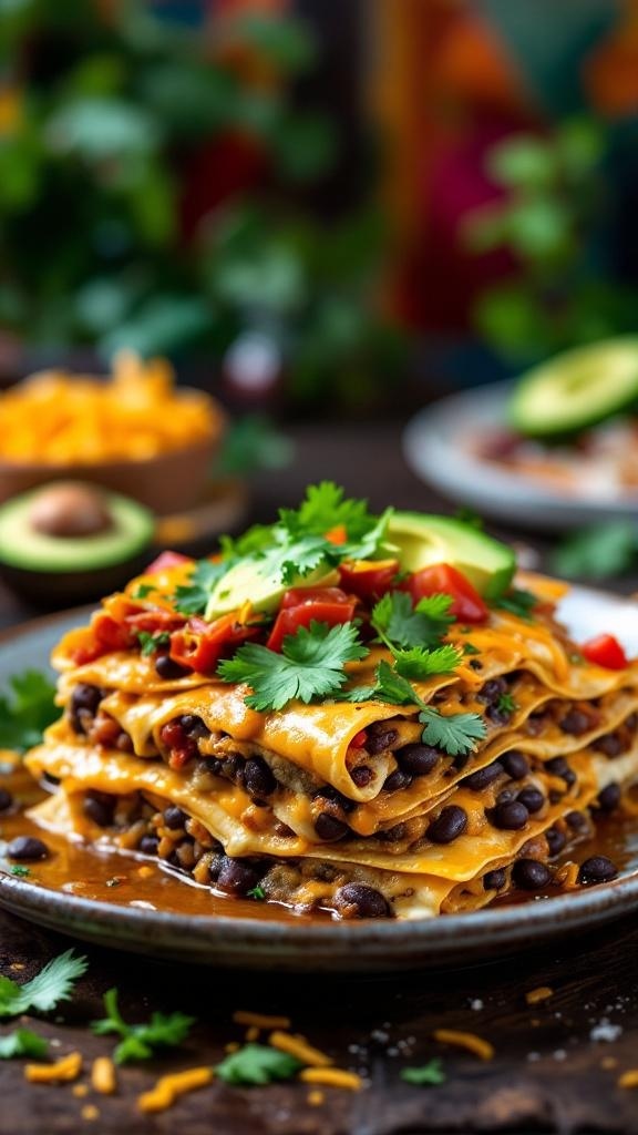 A delicious vegetarian enchilada casserole layered with tortillas, black beans, cheese, and fresh toppings.