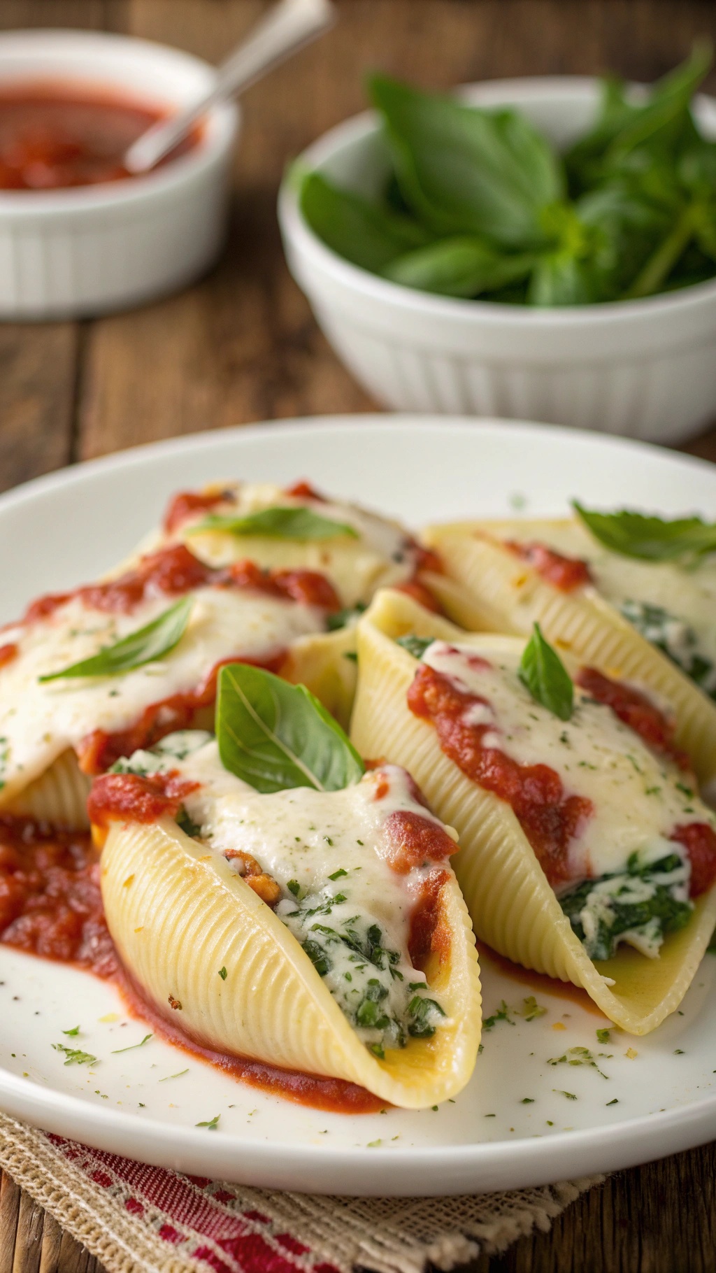 A plate of spinach and ricotta stuffed shells topped with marinara sauce and cheese.