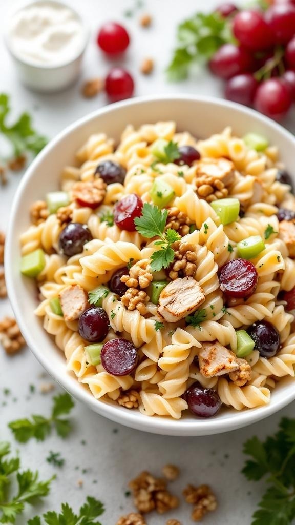 A bowl of creamy Greek yogurt chicken pasta salad with grapes and walnuts.