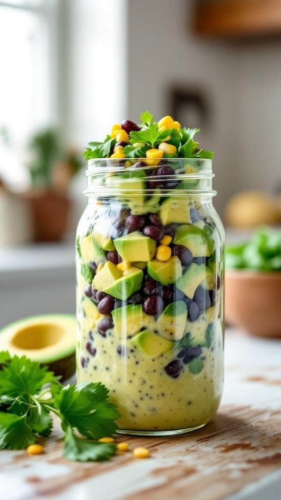 A mason jar filled with creamy avocado and black bean salad, showcasing layers of diced avocado, black beans, sweet corn, and fresh cilantro.