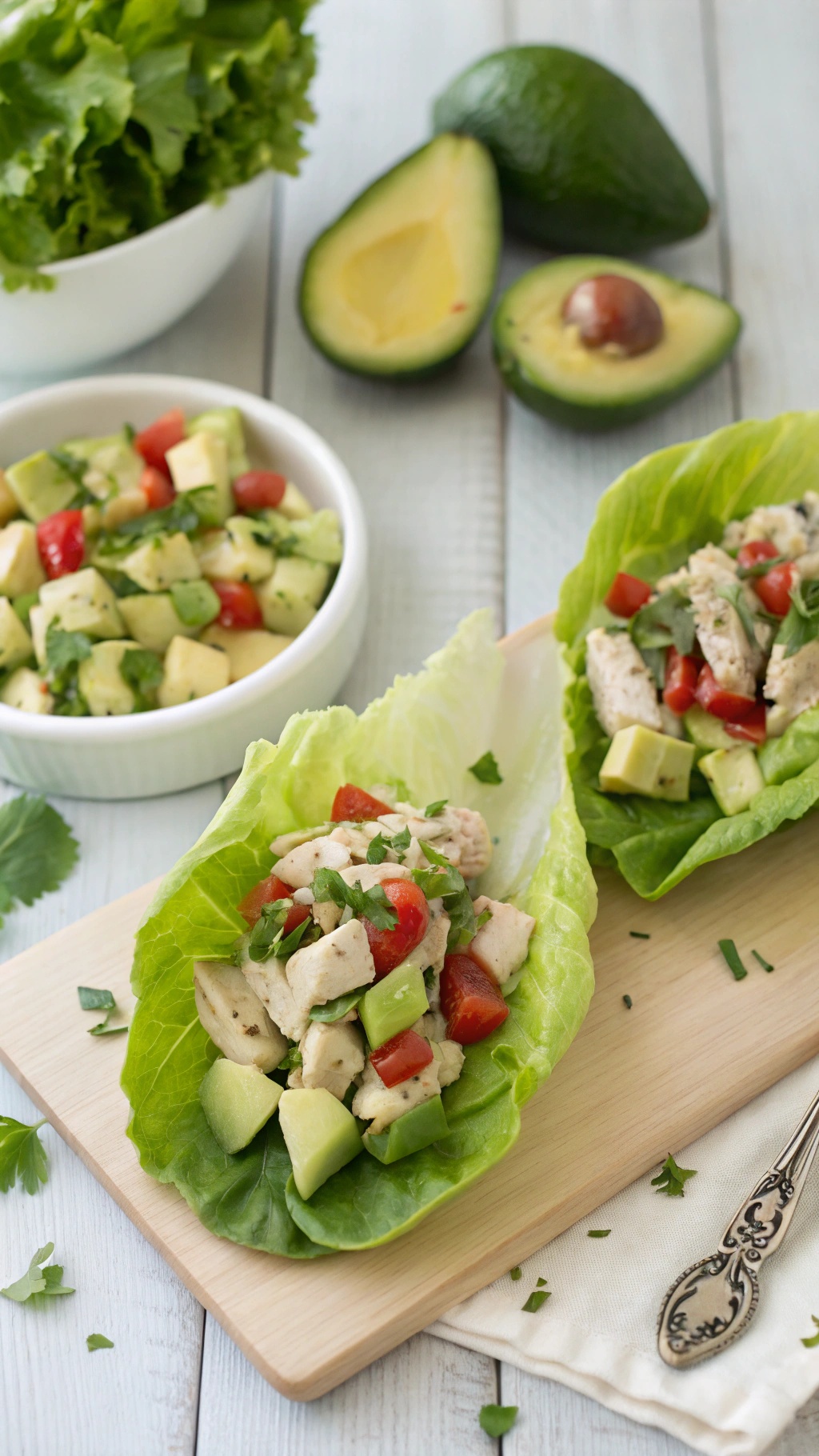 Creamy avocado and chicken salad lettuce wraps on a wooden board with fresh ingredients in the background.