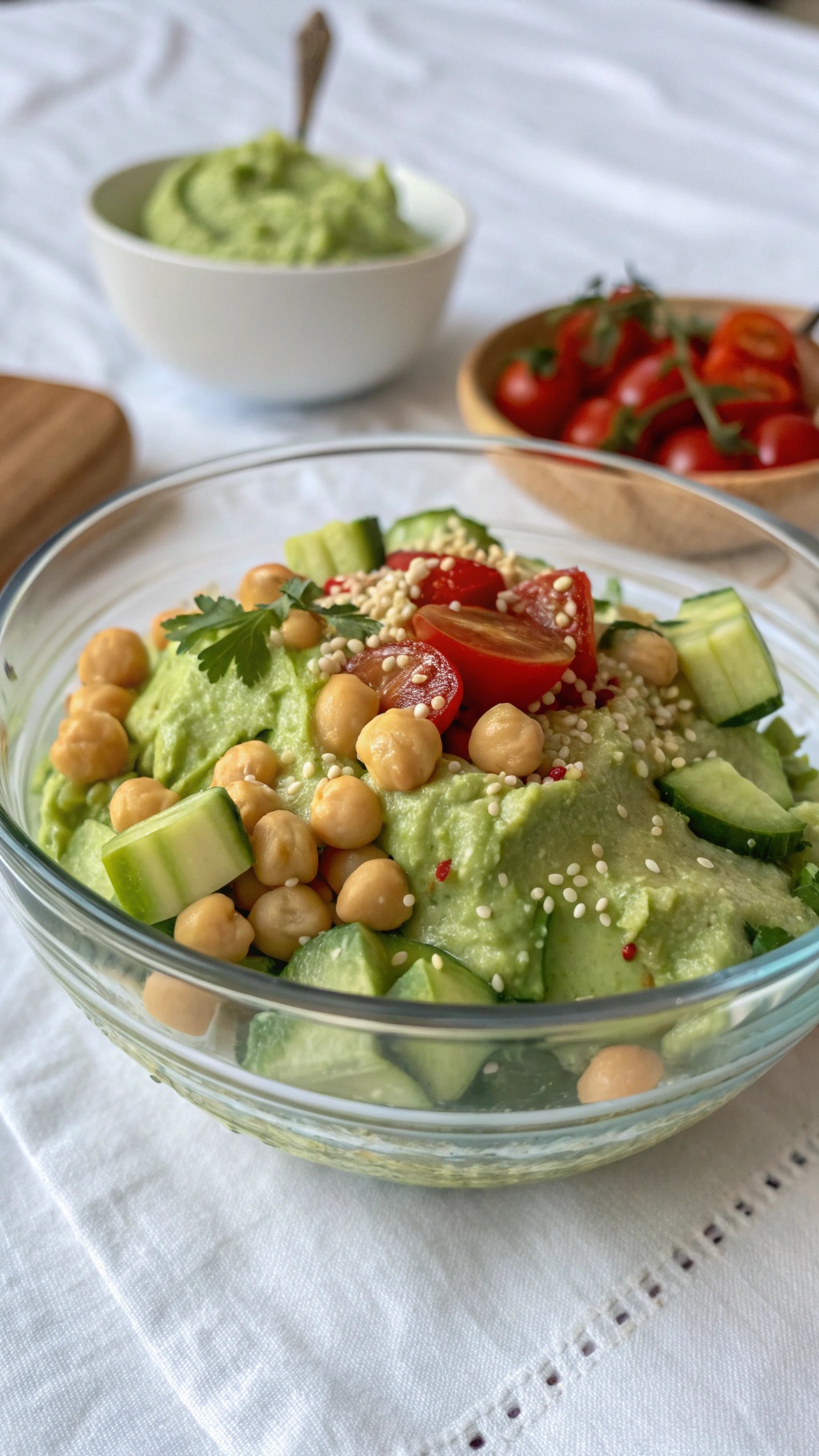 A bowl of creamy avocado and chickpea salad with cucumbers and cherry tomatoes