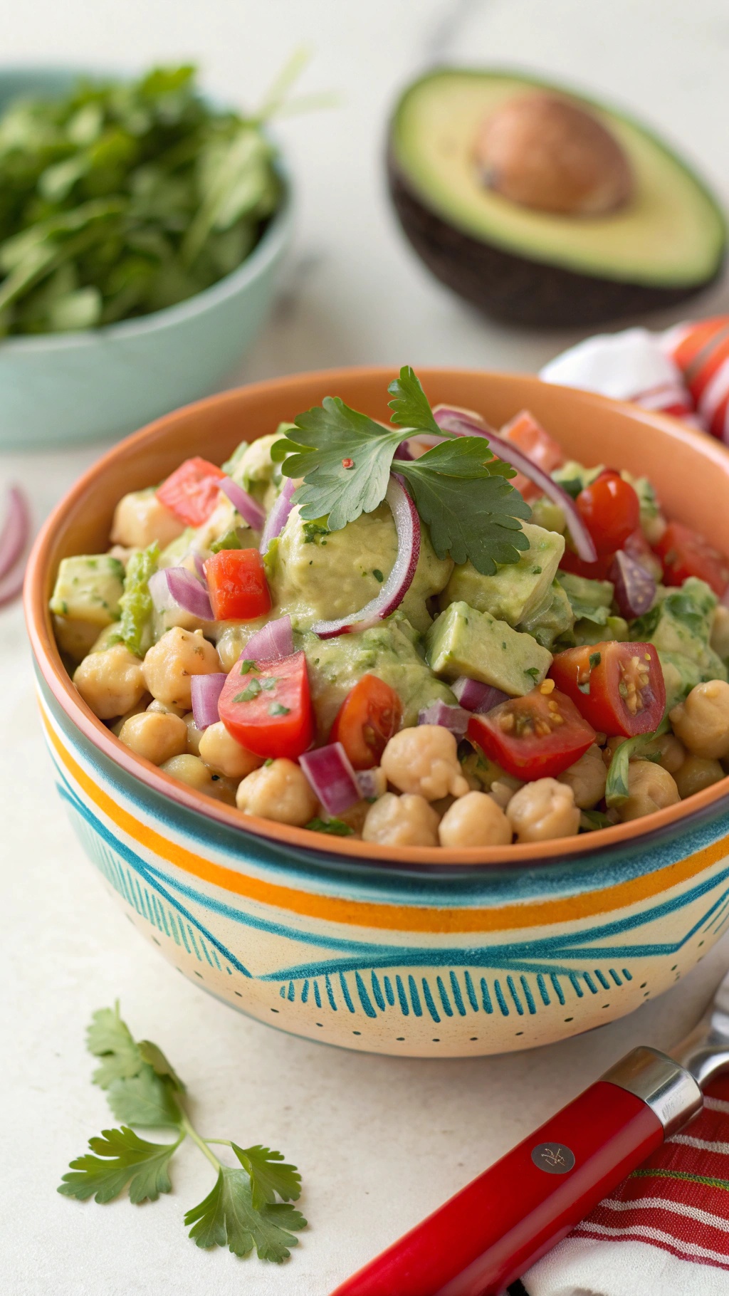 A colorful bowl of creamy avocado and chickpea salad with diced tomatoes, red onion, and cilantro.