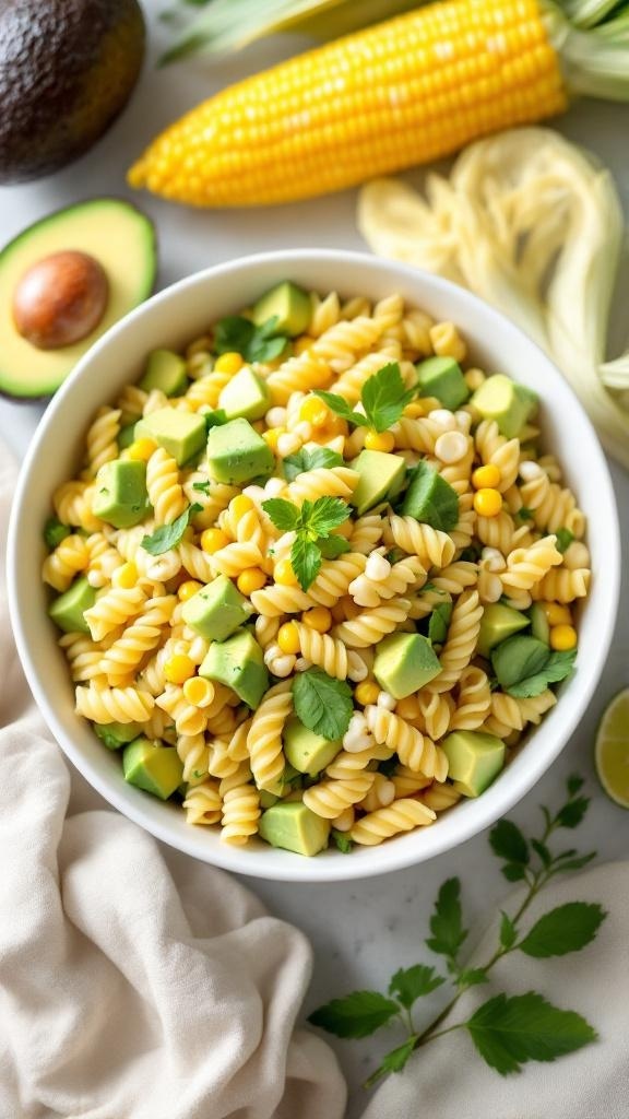 Creamy avocado and corn pasta salad with fresh ingredients