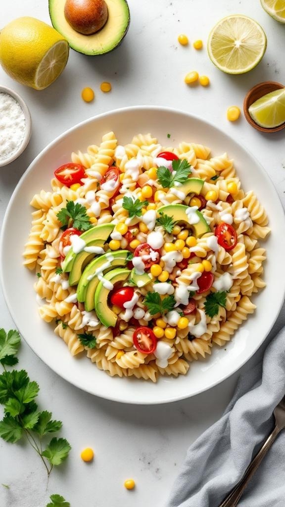 A colorful creamy avocado and corn pasta salad served in a white bowl, garnished with cilantro, surrounded by fresh ingredients like avocado and lime.
