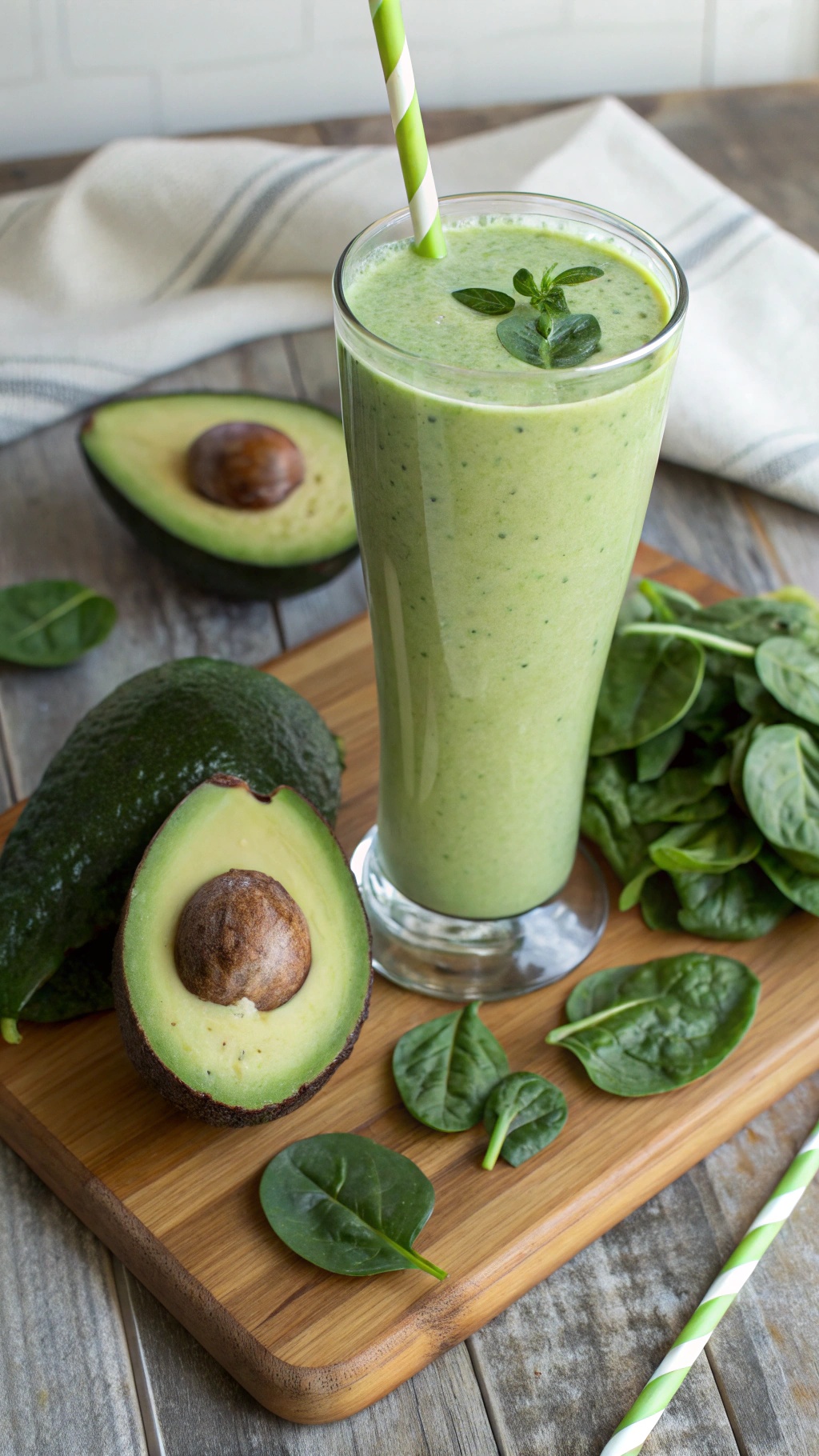 A creamy avocado and spinach smoothie in a glass with a green straw, surrounded by fresh avocados and spinach leaves.