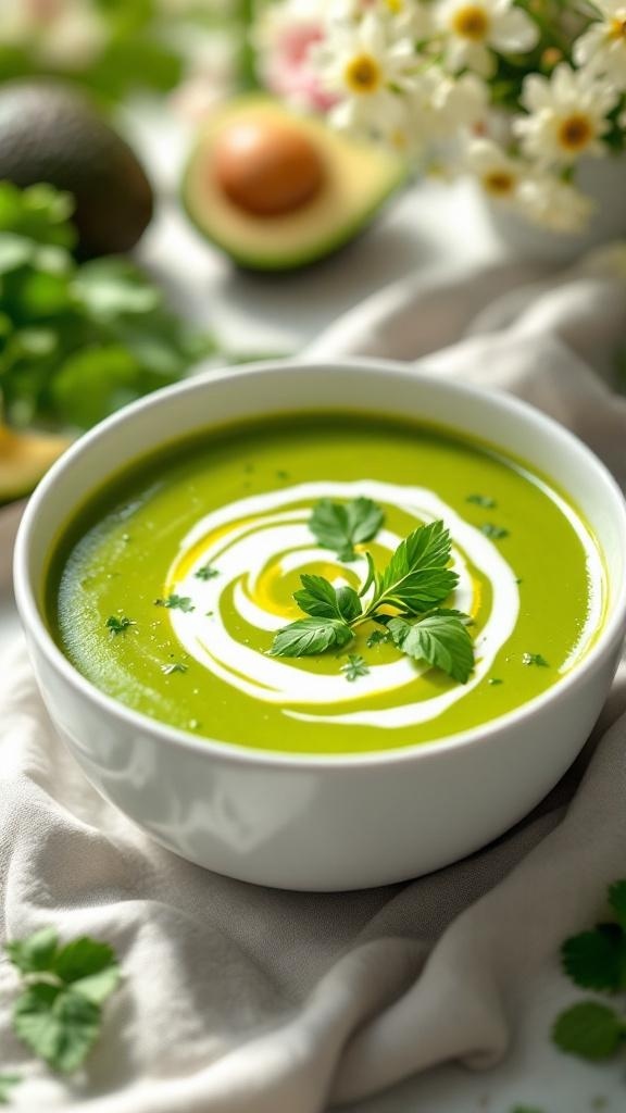 A bowl of creamy avocado and spinach soup garnished with herbs and a swirl of cream.