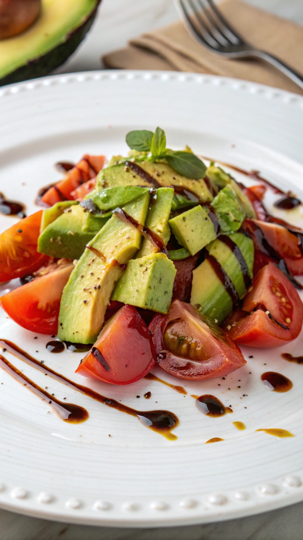 A colorful creamy avocado and tomato salad garnished with basil leaves.