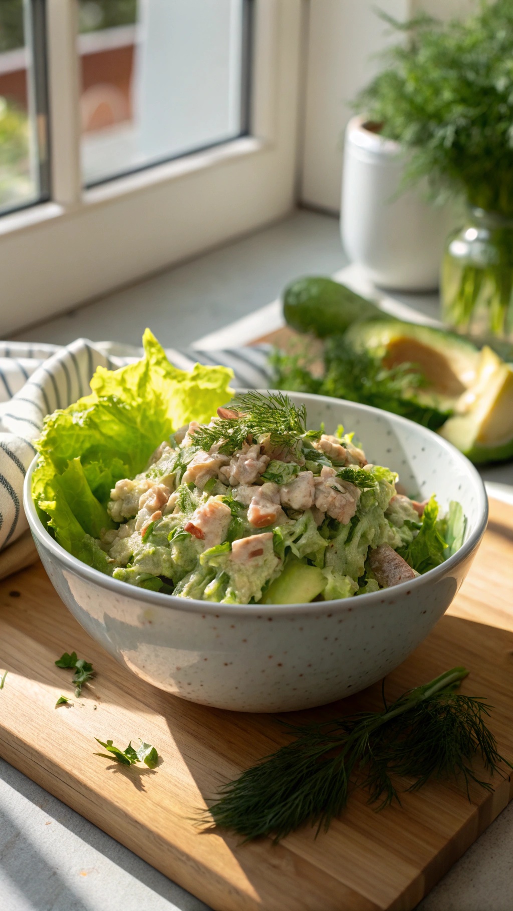 A bowl of creamy avocado and tuna salad served on a bed of lettuce, garnished with fresh dill.