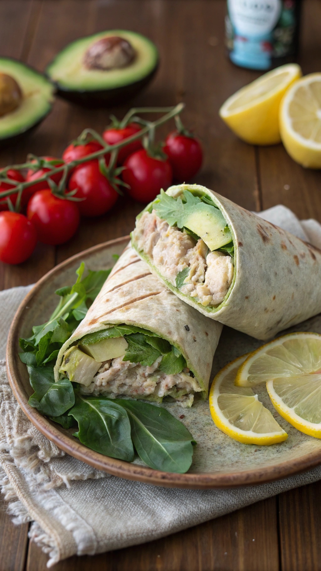 Creamy avocado and tuna wraps with fresh ingredients and lemon slices