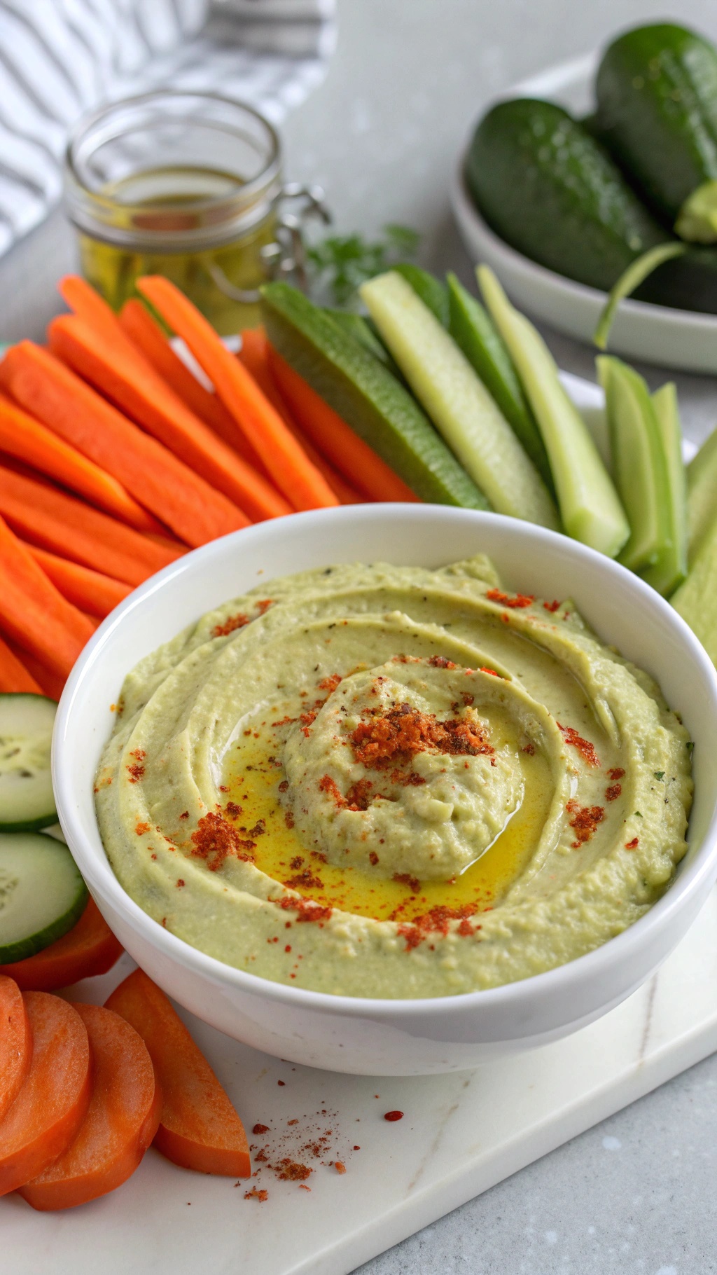 A bowl of creamy avocado and white bean hummus surrounded by fresh vegetable sticks.