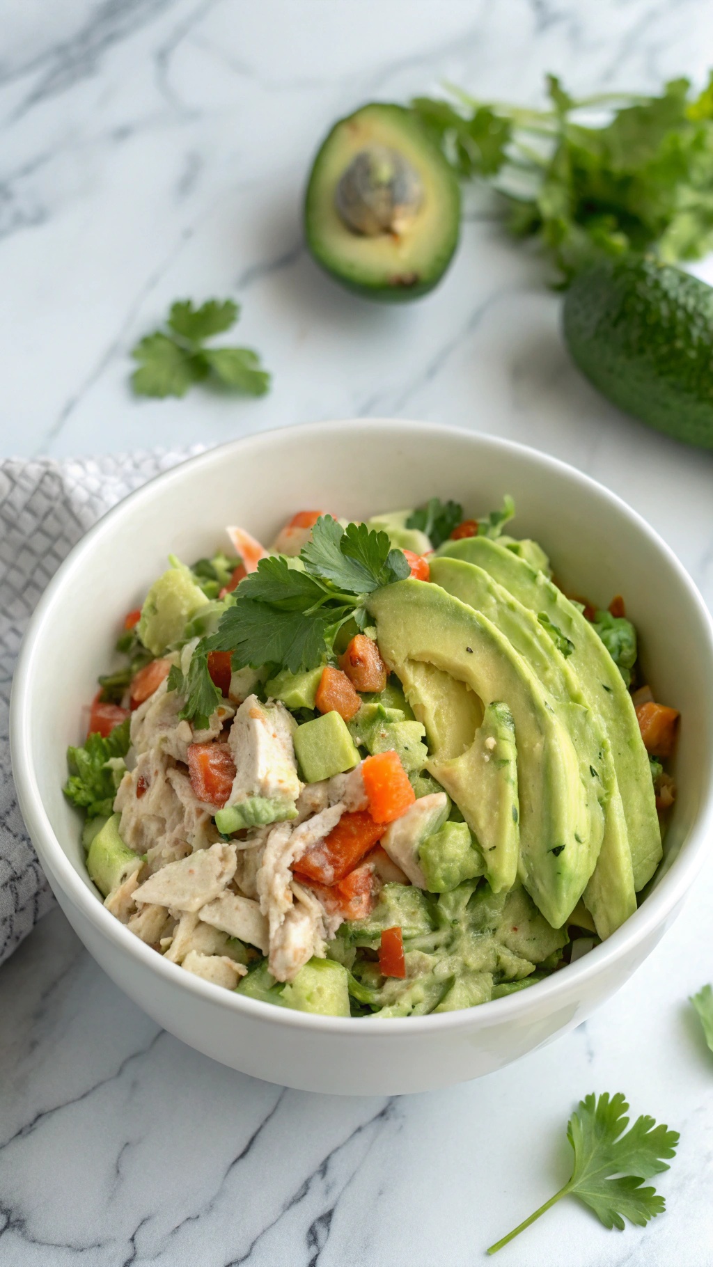A bowl of creamy avocado chicken salad with diced tomatoes and fresh cilantro.