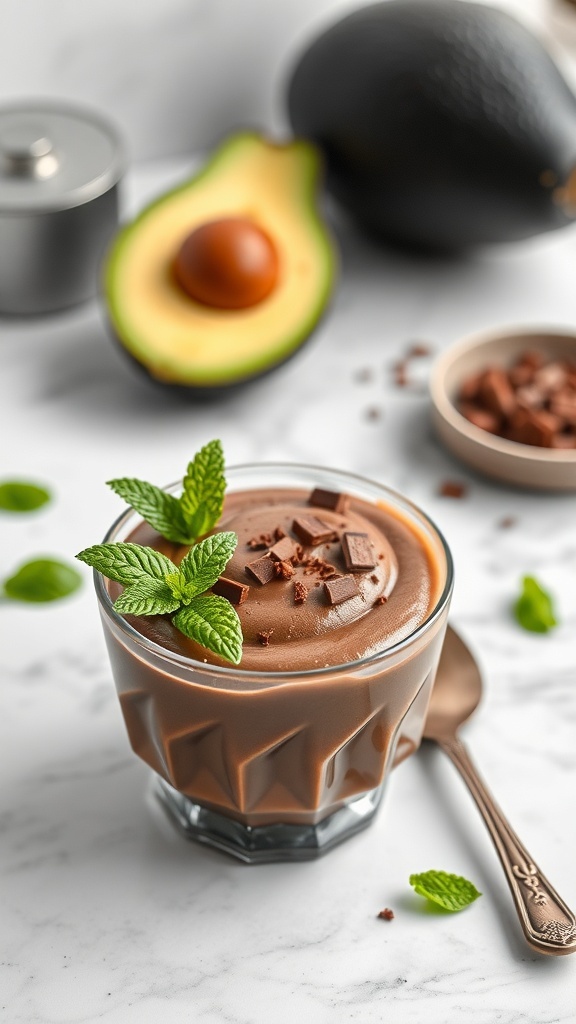 A creamy avocado chocolate mousse topped with mint leaves and chocolate shavings, with an avocado in the background.