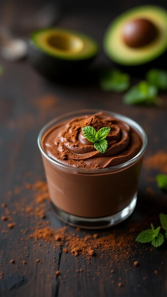 A glass of creamy avocado chocolate mousse topped with mint, with avocado halves in the background.