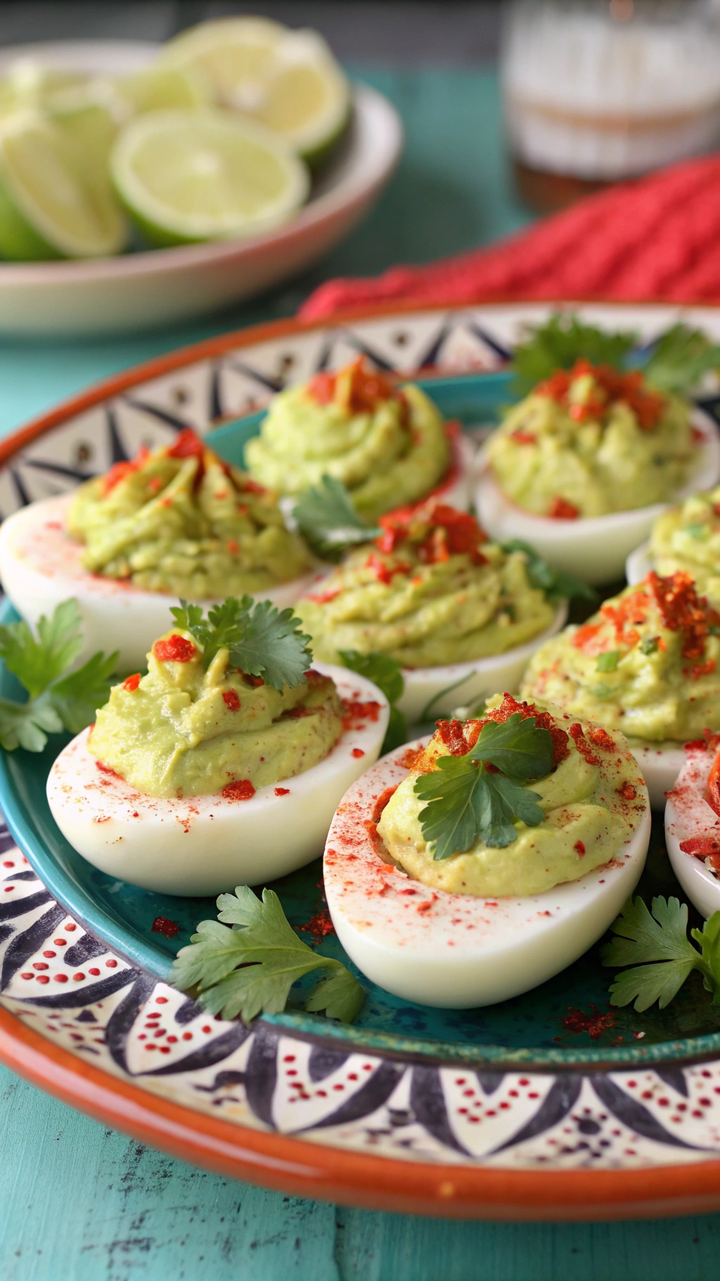 Creamy avocado deviled eggs garnished with cilantro and paprika on a colorful plate