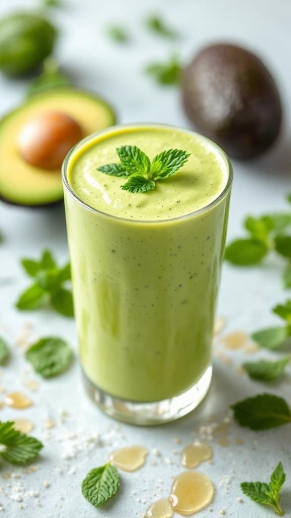 A creamy avocado smoothie in a glass, garnished with mint leaves, with avocados and mint in the background.