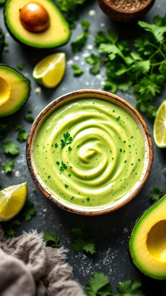 Creamy avocado dressing in a bowl surrounded by fresh ingredients like avocado, lime, and cilantro.