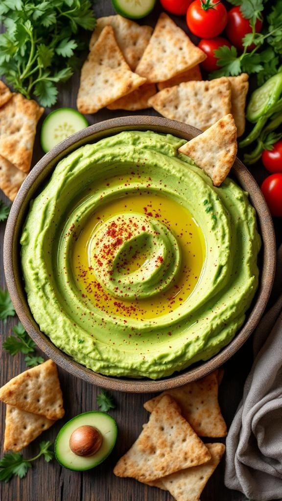 A bowl of creamy avocado hummus garnished with olive oil and paprika, surrounded by pita chips and fresh vegetables.