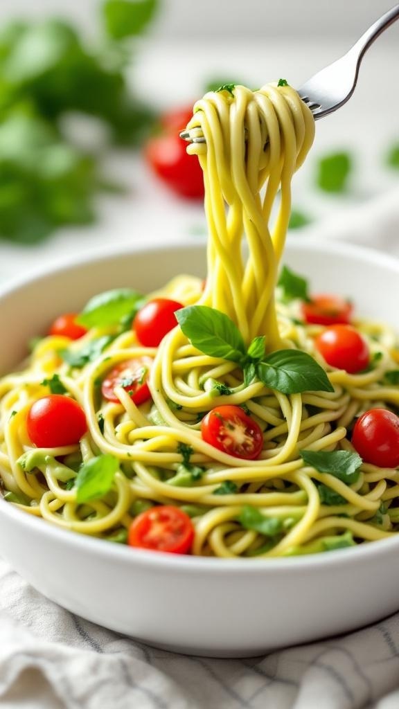 A bowl of creamy avocado pasta with cherry tomatoes and fresh basil