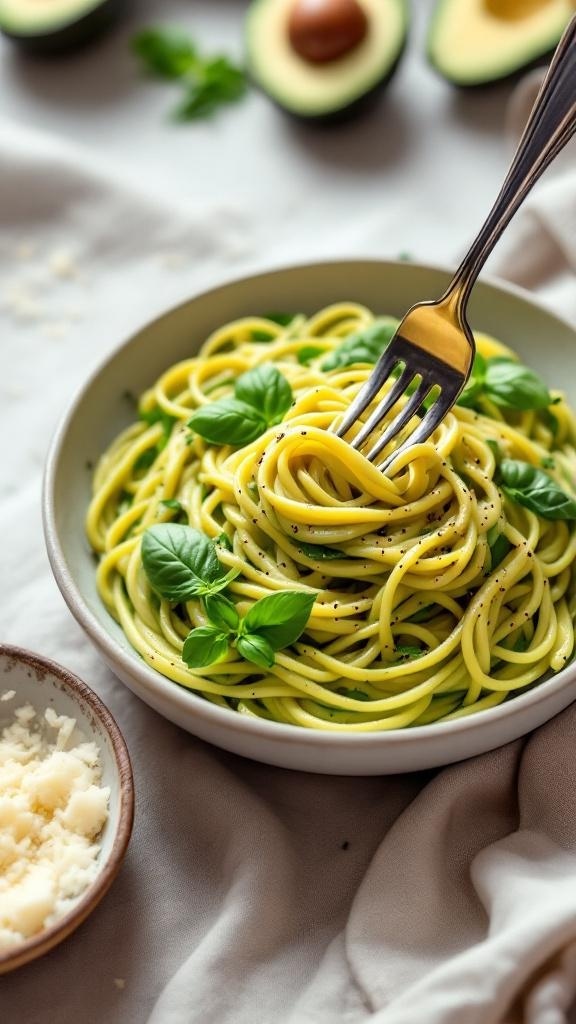 A bowl of creamy avocado pasta garnished with fresh basil, with avocados in the background.