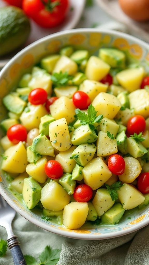 A bowl of creamy avocado potato salad with cherry tomatoes and fresh herbs.