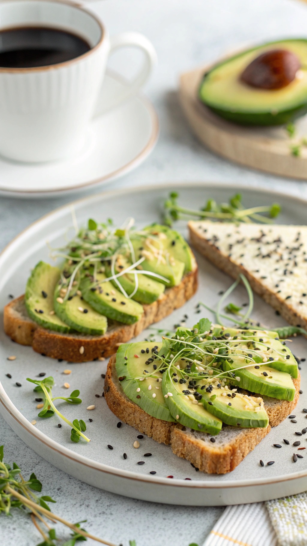 A plate of creamy avocado toast topped with seeds and microgreens, alongside a cup of coffee.