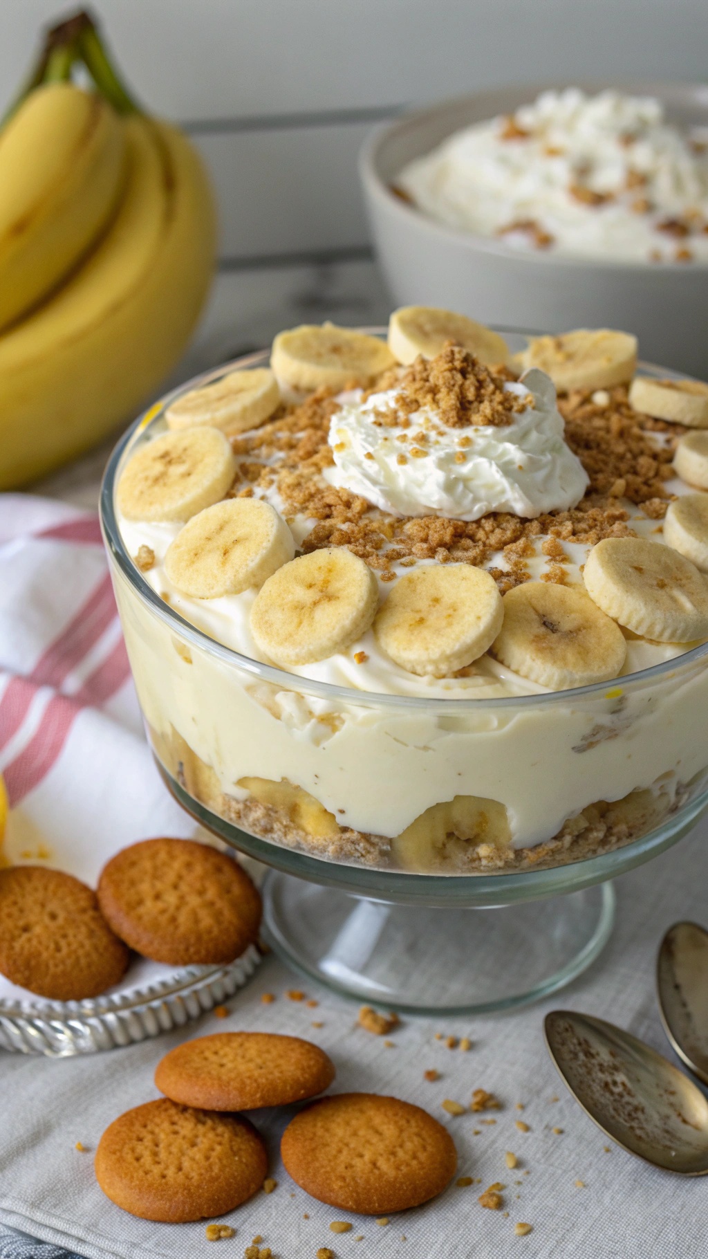 A glass dish of creamy banana pudding topped with banana slices and crushed cookies, with fresh bananas in the background.