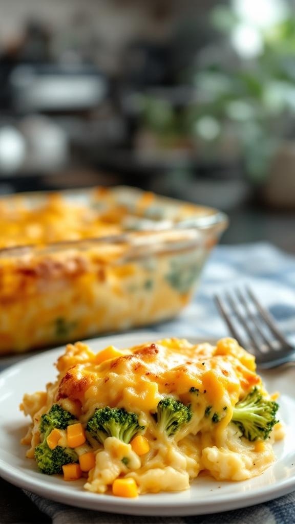 A creamy broccoli and cheddar casserole served on a plate with a fork, showcasing the cheesy goodness and broccoli.