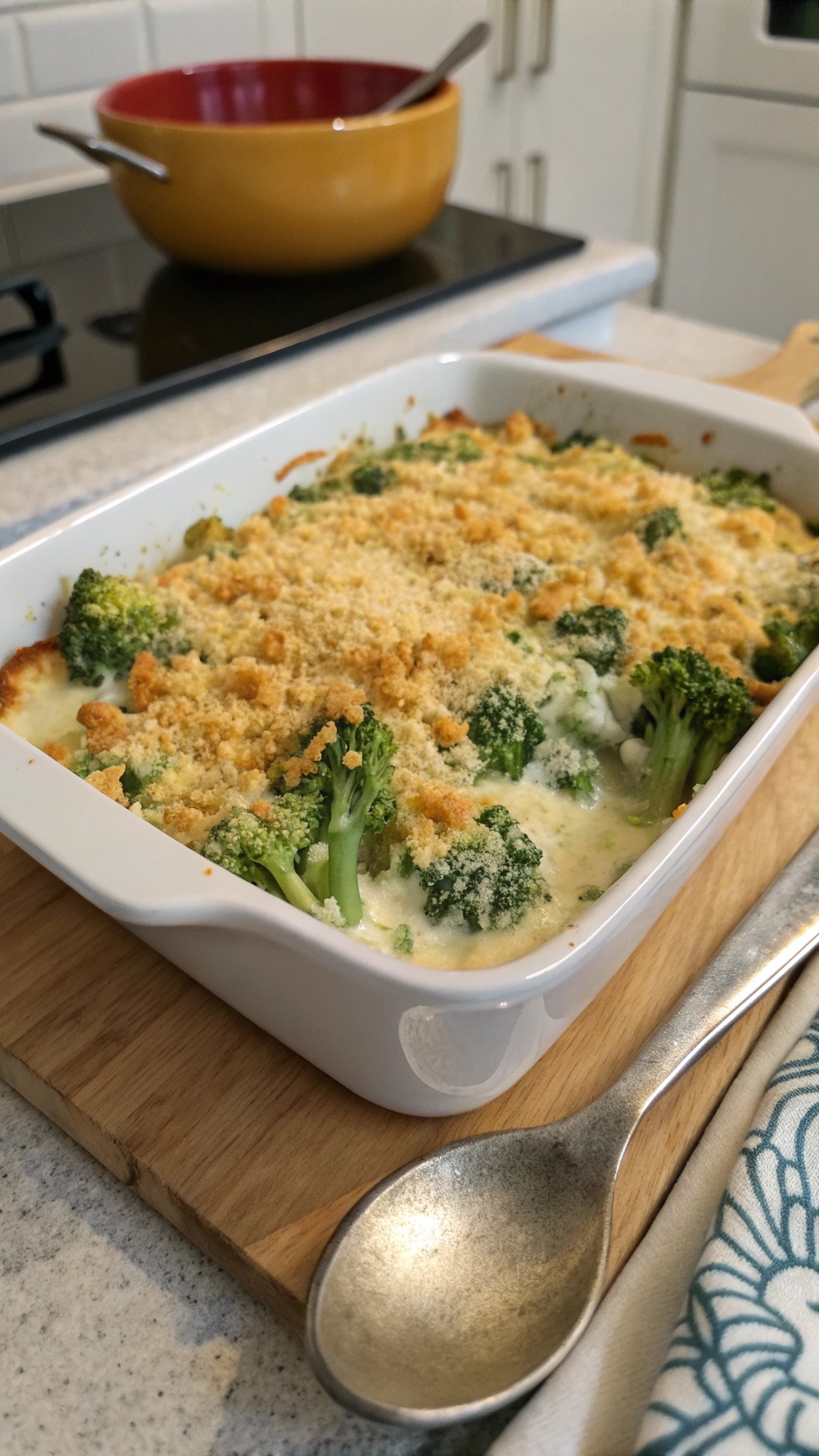A creamy broccoli and cheese casserole topped with breadcrumbs, served in a white baking dish.